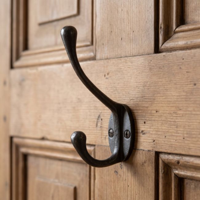 The Blacksmith Antique Iron Two-Prong Coat Hook - 110mm on the Back of a Timber Door - Digital Illustration