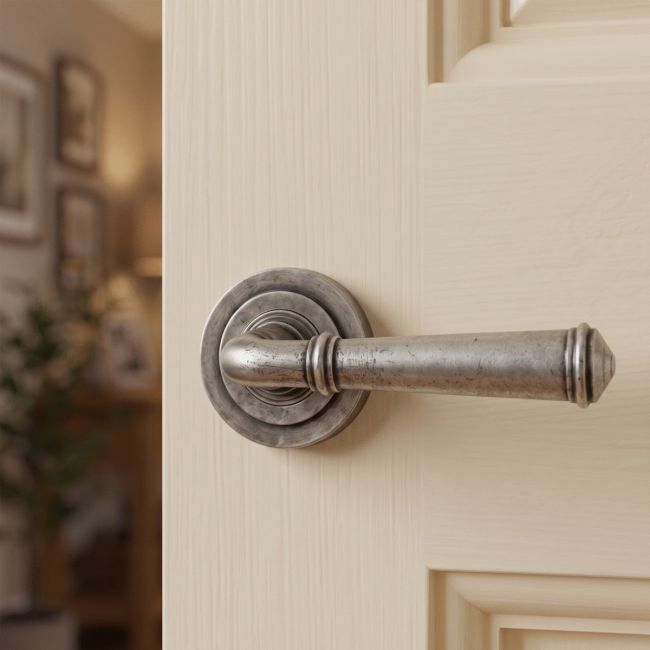 Rounded Pewter Lever Door Handle on Art Deco Rose
