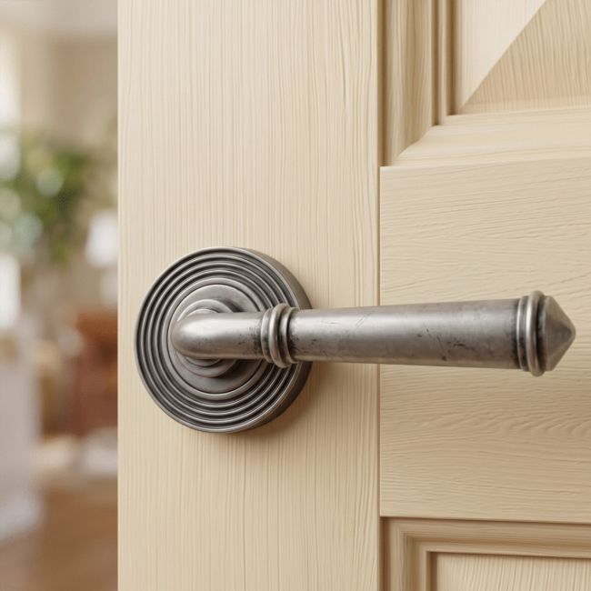 Rounded Pewter Lever Door Handle on Beehive Rose