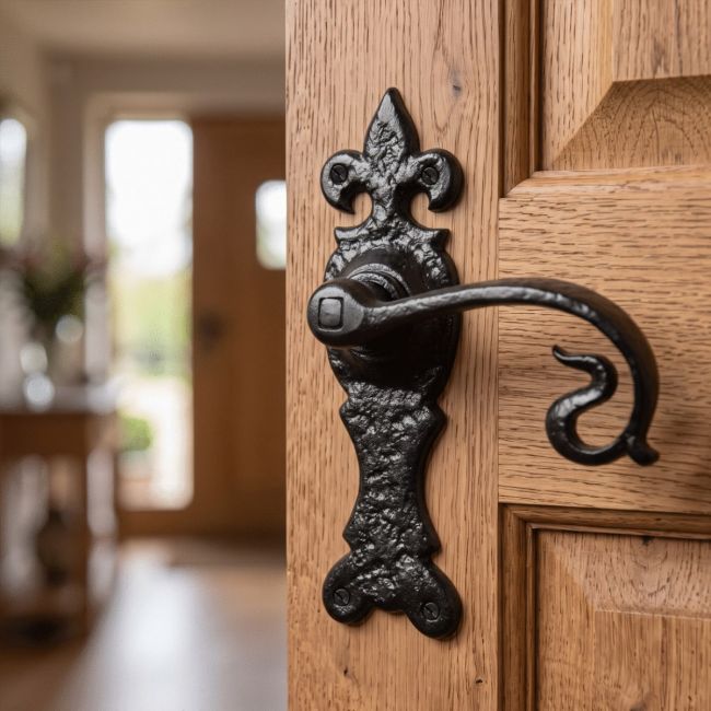 The Burbank Ornate Curved Iron Door Handles on a Traditional Wooden Door in a Cosy Cottage - Digital Illustration