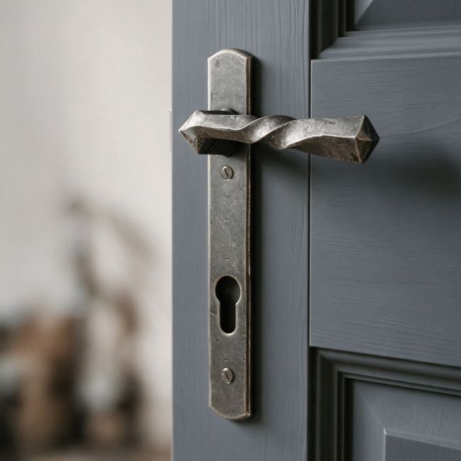 The "Celtic" Pewter Narrow Lever Handles With Twisted Handle Shown on a Grey Door Close up in a Modern Home