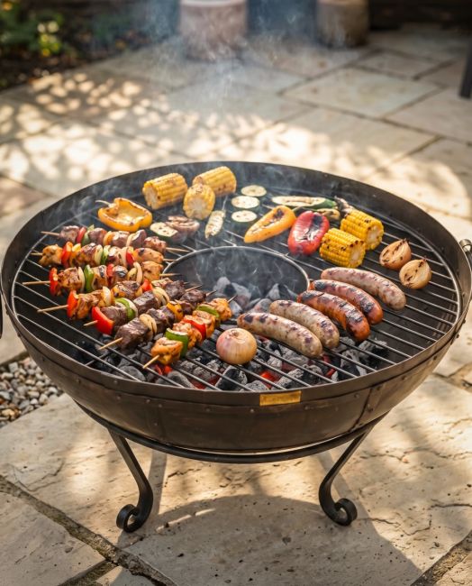 The Circular Kadai Grill Grate with Removable Centre Shown with a Selection of Food being Cooked with Centre Removed - Digital Illustration
