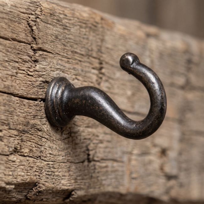 The Cotswold Antique Iron Threaded Ceiling Beam Hook - 100mm Shown Mounted into a Timber Frame - Digital Illustration