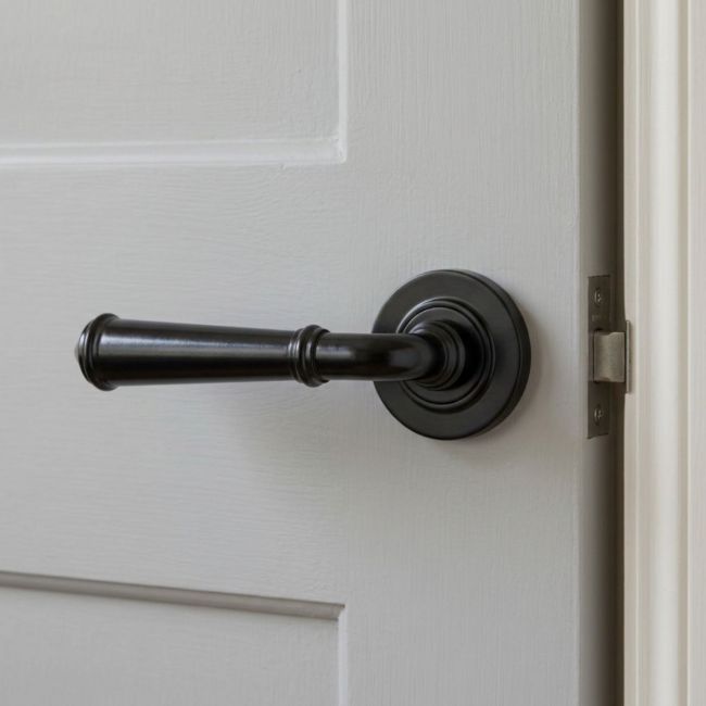 Midnight Black Unsprung Lever Door Handle on Rose Front