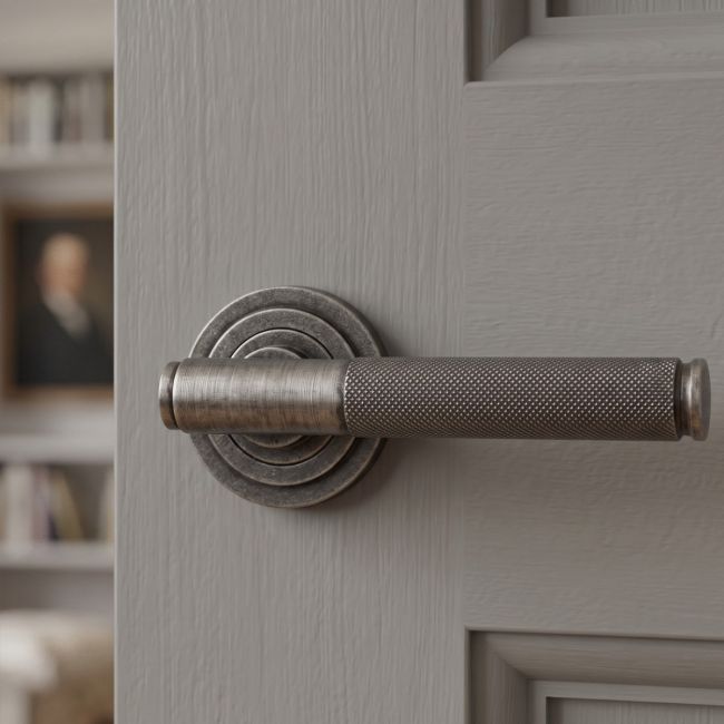Pewter Textured Lever Door Handle on Art Deco Rose