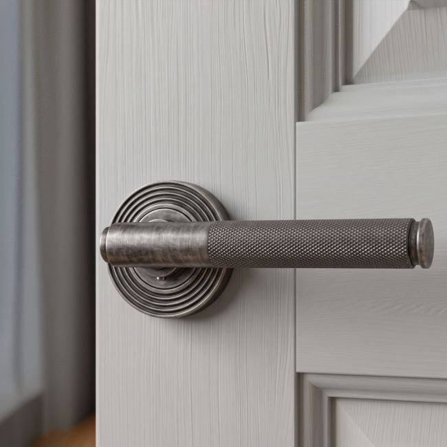 Pewter Textured Lever Door Handle on Beehive Rose Front