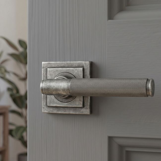Pewter Textured Lever Door Handle on Square Rose Front