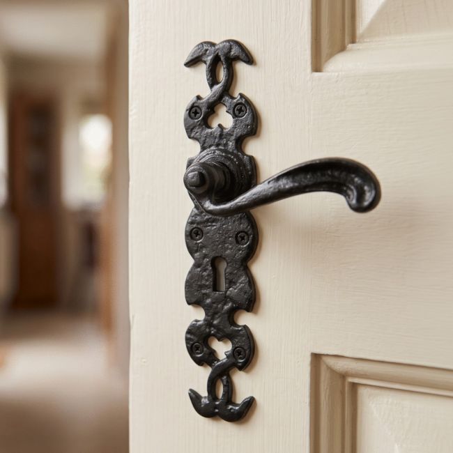The Galetti Cast Iron Ornate Lever Handles With Keyhole on a Classic Cream Coloured Door in a Country Cottage - Digital Illustration