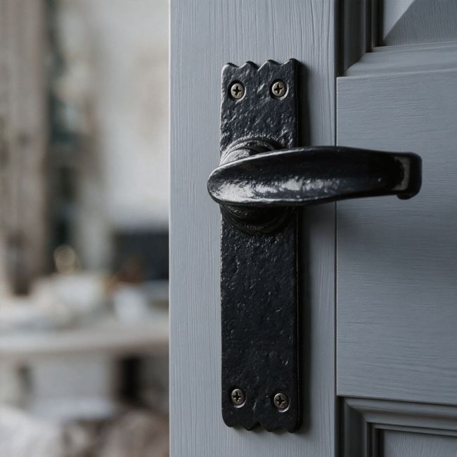 The Gallio Curved Cast Iron Lever Handle Shown Close up Mounted on a Grey Door - Digital Illustration