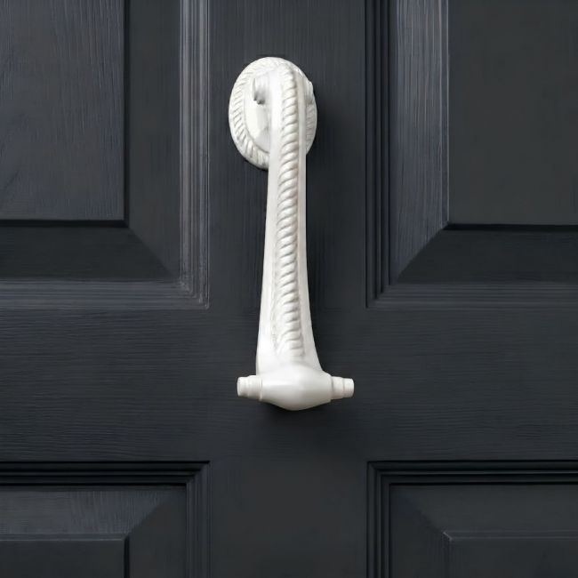 The Georgian Cameo Knocker in white on a Charcoal Grey Door shown Close up - Digital Illustration