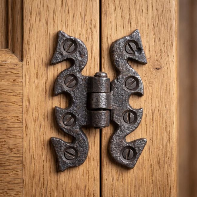 The Gothic Serpentine Butterfly Cabinet Hinge - 70mm Shown Close up on a Wooden Window Frame - Digital Illustration