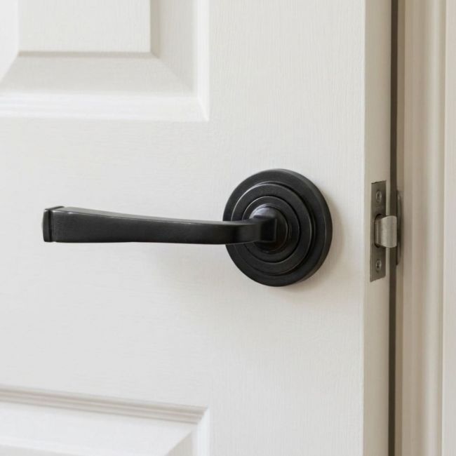 Midnight Black Unsprung Lever Door Handle on Art Deco Rose