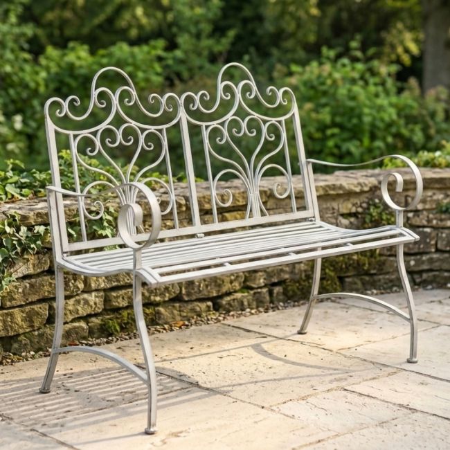 The Grey "Belvedere" Wrought Iron Garden Bench in a Sunny Low Walled Garden - Digital Illustration
