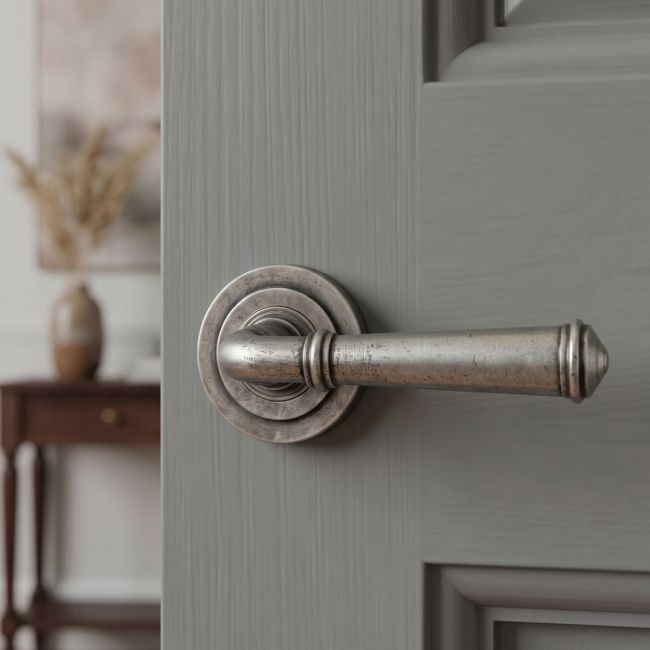 Antique Pewter Unsprung Lever Door Handle on Art Deco Rose