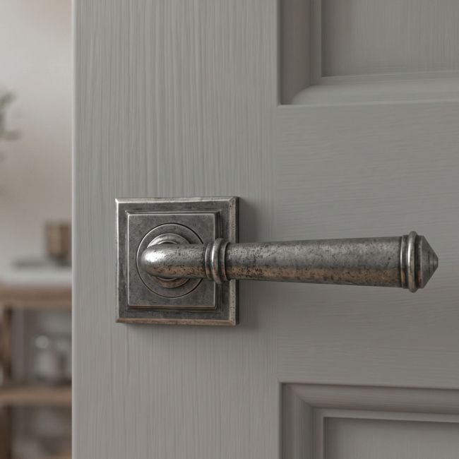 Antique Pewter Unsprung Lever Door Handle on Square Rose Front