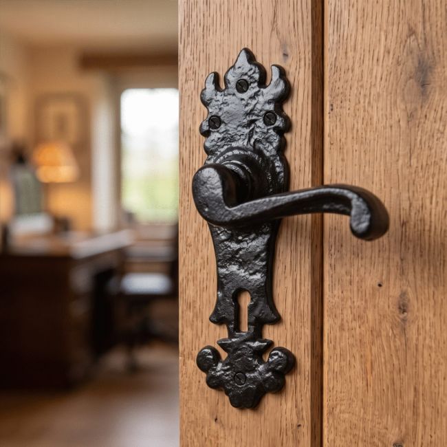 The Highforth Hill Traditional Ornate Blacksmith Door Handles With Keyhole on a Traditional Wooden Door in a Country Cottage - Digital Illustration