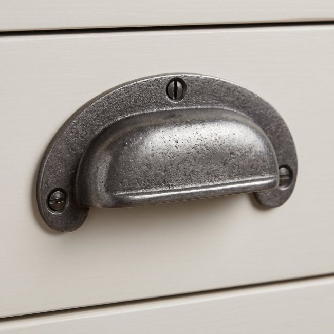 The Ironmonger Crescent Cup Pull 47mm x 102mm on a Grey Drawer - Digital Illustration