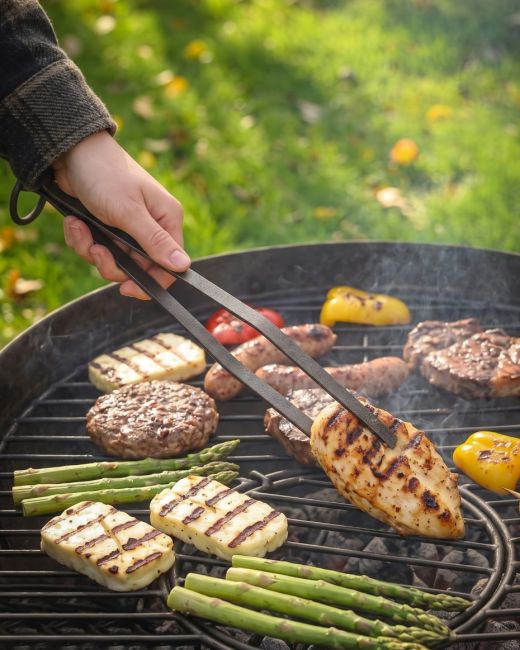 The Kadai Hand-Forged Iron Cooking Tongs with Ring Handle Shown Used to Cook Food over a Fire Pit - Digital Illustration