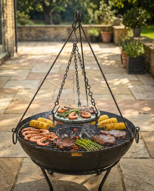 The Kadai Hanging Stone BBQ Griddle Plate Shown Over a Kadai Bowl Cooking in Food in a Modern Garden - Digital Illustration