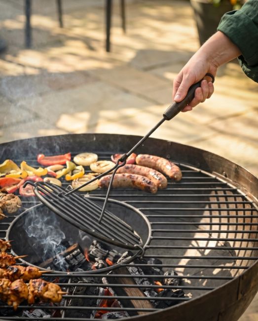 The Kadai Iron Grill Lifter with Hardwood Handle Shown Being used to Lift a Grill on a Fire Bowl - Digital Illustration