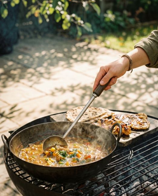 The Kadai Long-Handled Iron Cooking Ladle with Wooden Grip Shown being Used to make a Stew Over a Fire Bowl - Digital Illustration