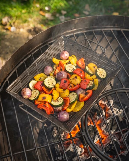 The Kadai Mesh BBQ Grill Tray Shown from Above Used to Grill Vegetables over a Firepit - Digital Illustration