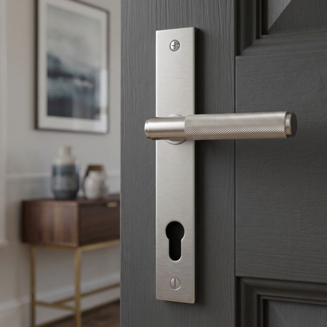 The Knurled Slimline Lever Espagnolette Door Handle Set in Satin Stainless Steel Shown on a White Background with Handle to the Right