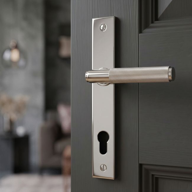 The Knurled Slimline Lever Espagnolette Door Handle Set in Polished Stainless Steel Shown on a White Background with Handle to the Right