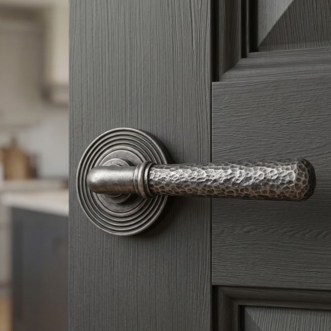 Aged Pewter Hammered Unsprung Lever Door Handle on Beehive Rose Front