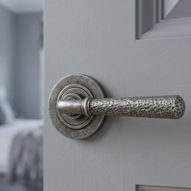 Aged Pewter Hammered Unsprung Lever Door Handle on Rose Front