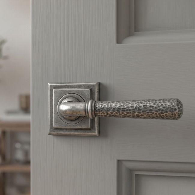 Aged Pewter Hammered Unsprung Lever Door Handle on Square Rose