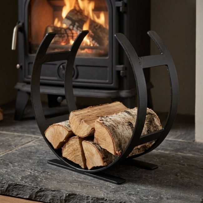 The Large Curved Fireside Log Holder in Matt Black Shown from an Angle on a White Background