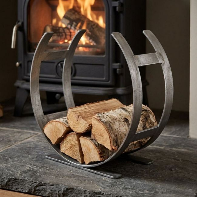 The Large Curved Fireside Log Holder in Pewter Shown from an Angle on a White Background