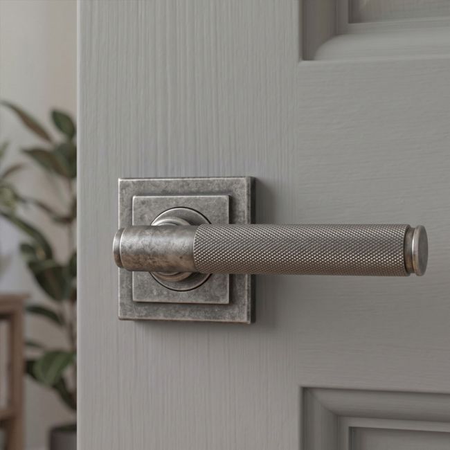 Aged Pewter Textured Unsprung Lever Door Handle on Square Rose