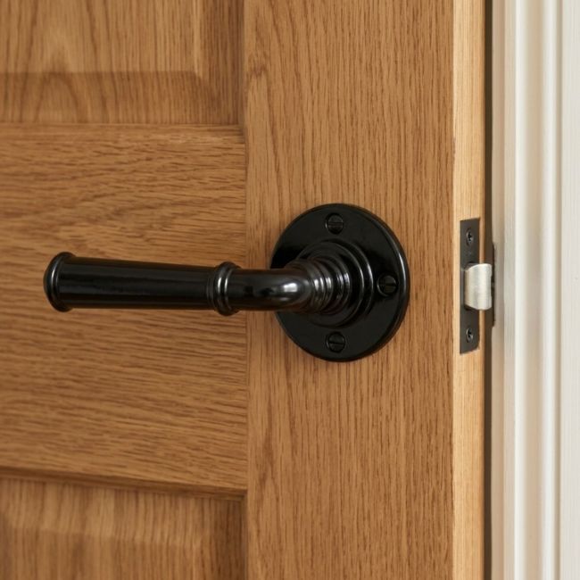 Sleek Black Rounded Unsprung Lever Door Handle on Rose Front