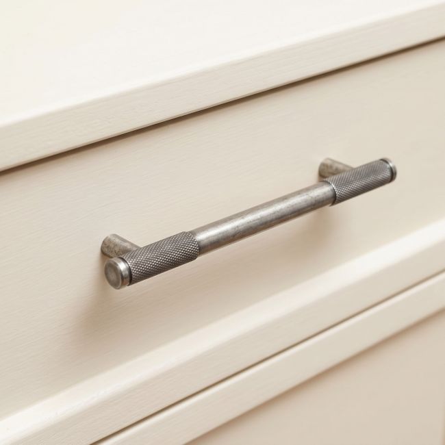 The Medium Half Knurled Cabinet Pull Handle in Pewter Shown Upright on a White Background