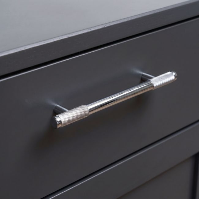 The Medium Half Knurled Cabinet Pull Handle in Polished Chrome Shown Upright on a White Background