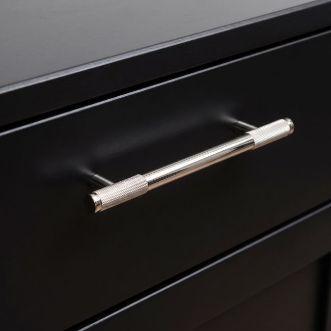 The Medium Half Knurled Cabinet Pull Handle in Polished Stainless Steel Shown Upright on a White Background