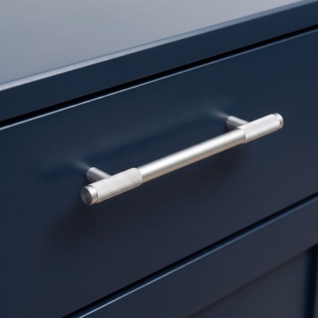 The Medium Half Knurled Cabinet Pull Handle in Satin Chrome Shown Upright on a White Background