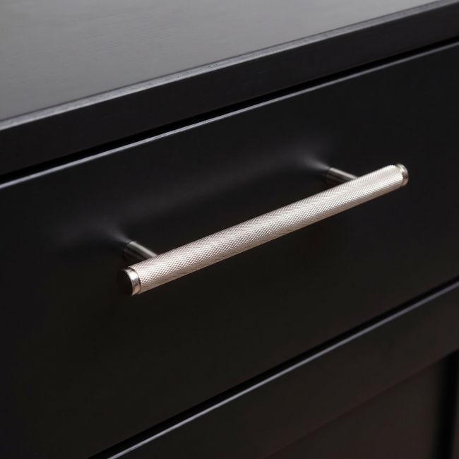 The Medium Knurled Cabinet Pull Handle in Polished Stainless Steel Shown Upright on a White Background