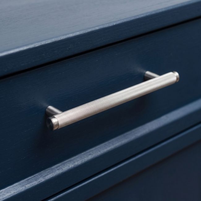The Medium Knurled Cabinet Pull Handle in Satin Chrome Shown Upright on a White Background