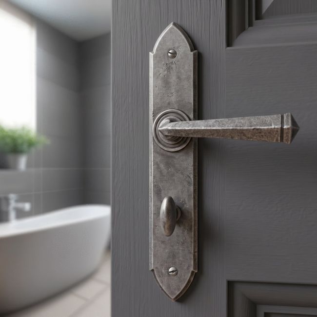 The Orelia Pewter Square Iron Gothic Lever Handles and Bathroom Lock Shown on a Ensuite Door - Digital Illustration