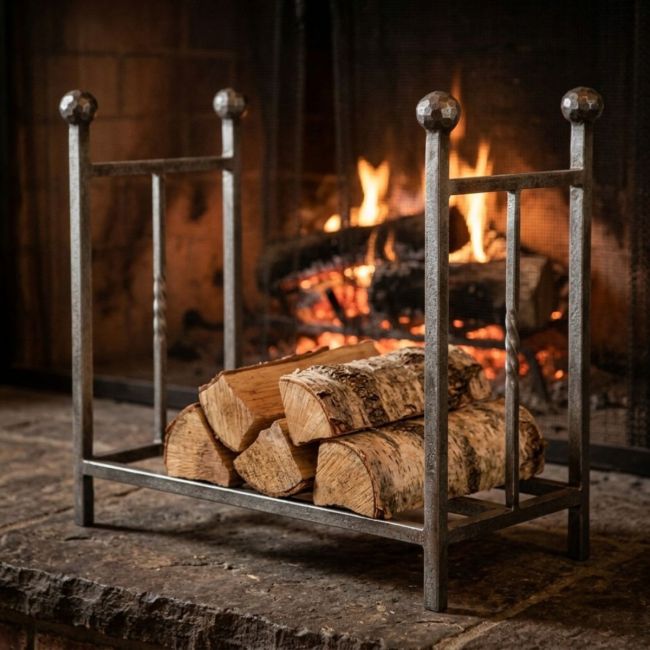 The Rectangular Fireside Log Holder with Ball Finials in Pewter Shown from an Angle on a White Background
