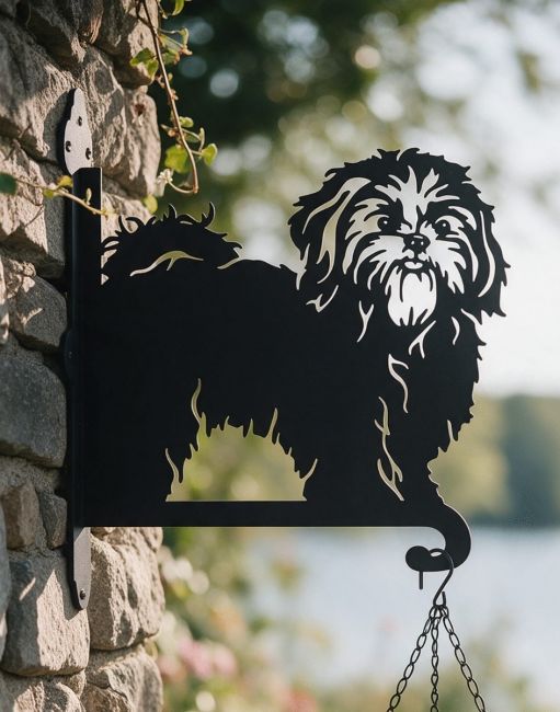 Shih Tzu hanging basket bracket on a summers day