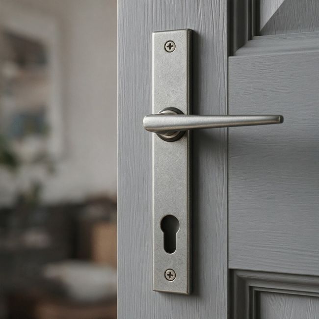 The Slimline Espag Lever Door Handle (92mm Centres) in Pewter on an Open Door in a Traditional Home - Digital Illustration