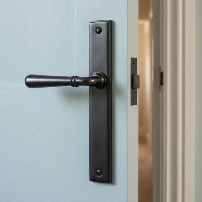 The Slimline Lever Espagnolette Door Latch in Aged Bronze on a White Background 
