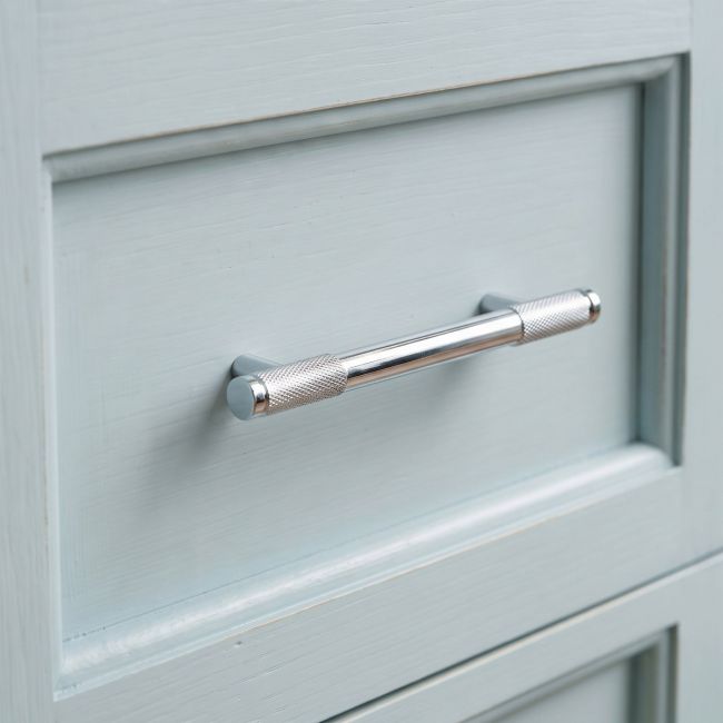 The Small Half Knurled Cabinet Pull Handle in Polished Chrome Shown Upright on a White Background
