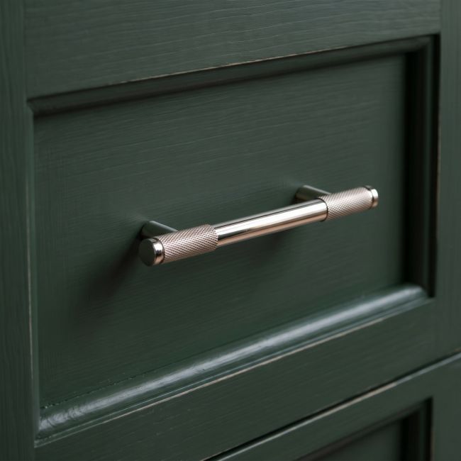 The Small Half Knurled Cabinet Pull Handle in Polished Nickel Shown Upright on a White Background