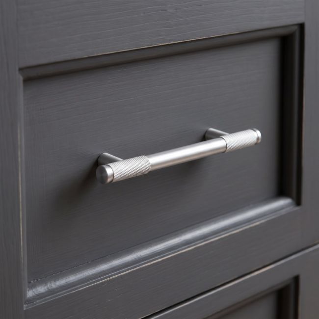 The Small Half Knurled Cabinet Pull Handle in Satin Chrome Shown Upright on a White Background