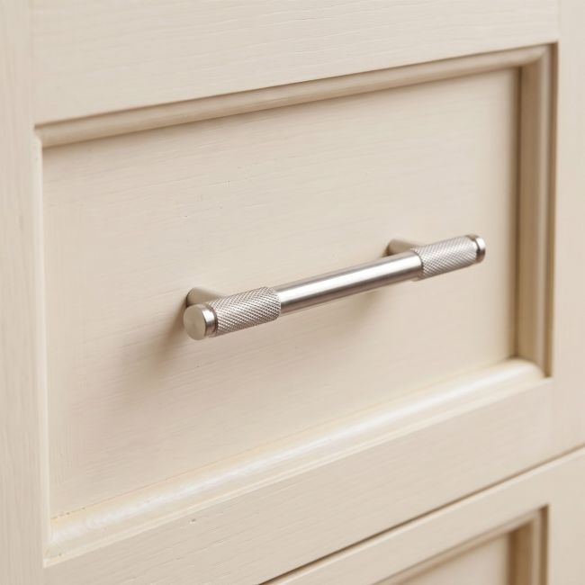 The Small Half Knurled Cabinet Pull Handle in Satin Stainless Steel Shown Upright on a White Background